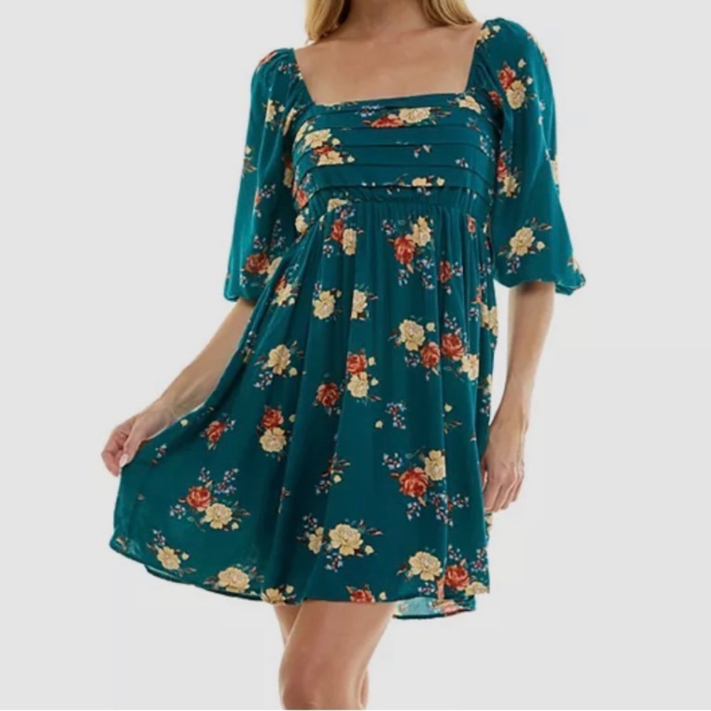 As U Wish Teal Floral Square-Neck Mini Dress